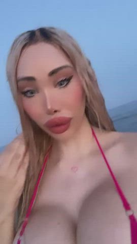 Beach massive boobies Bikini blonde Body Fake boobies monstrous boobs MILF Micro Bikini Porn GIF