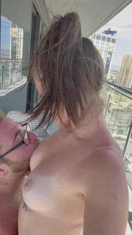 Brunette Kissing Outdoor Passionate Real couple Sensual blowing melons Porn GIF