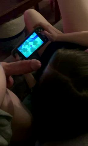 giant Balls humongous cock blowjob Gamer skank girl lady attractive Gaming couple young Porn GIF